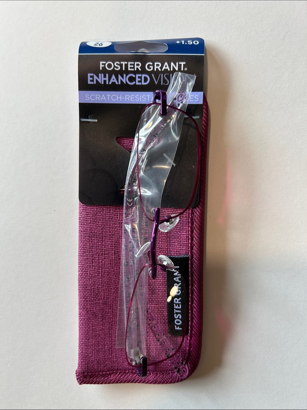 Foster Grant Plum Rimless Reading Glasses with Matching Plum Case +1.50
